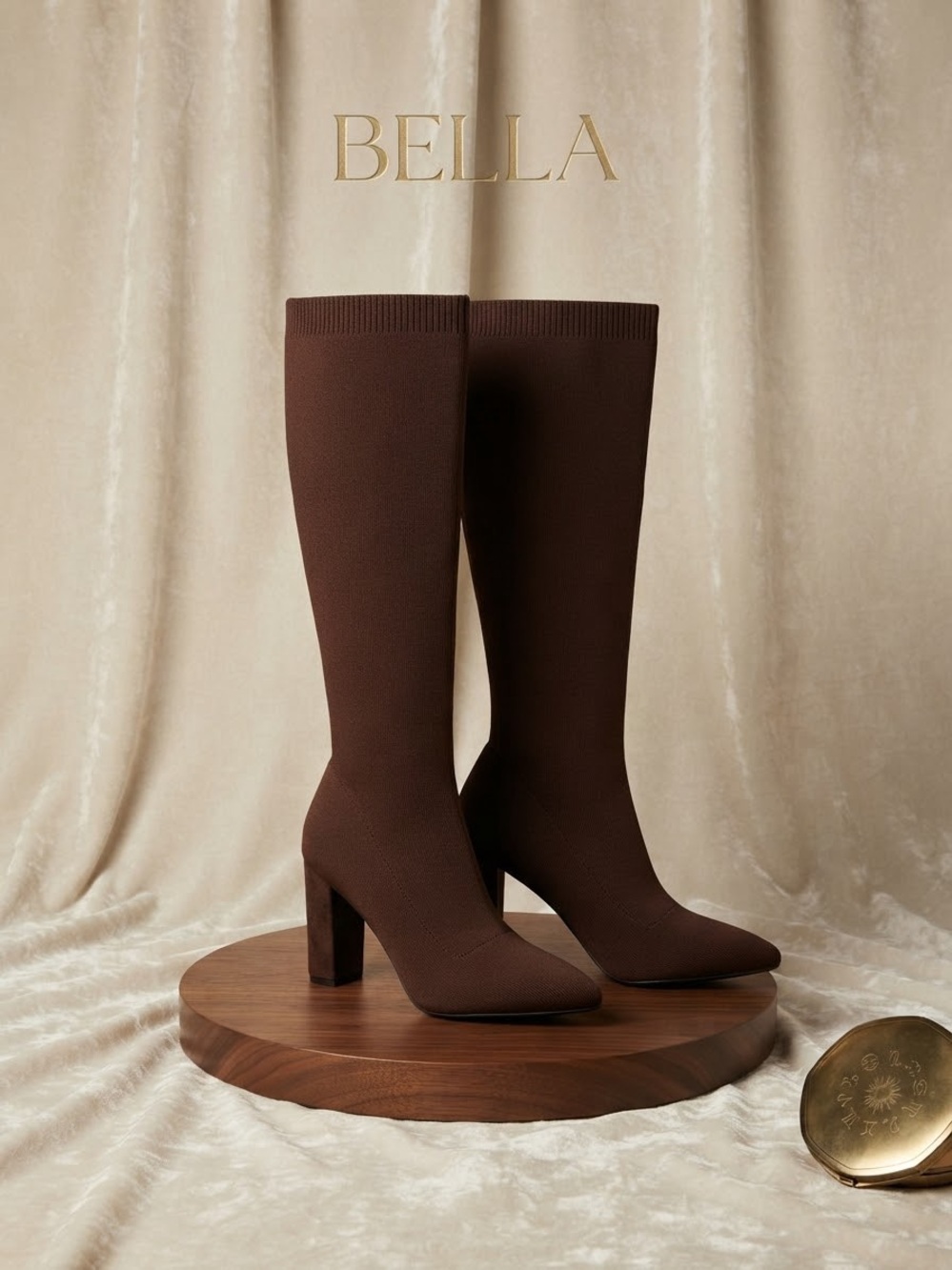 Bella Brown Stretch-Knit Knee-High Block Heel Boots